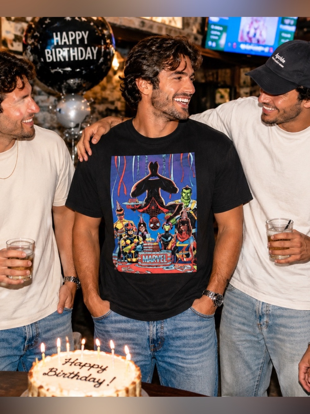 NWOT Marvel Black Tee with Multicolor Neon Superhero Art - XL